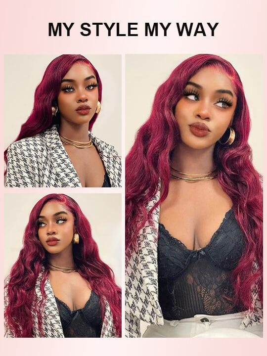 Kisslove Burgundy 360 Lace Frontal Wig Invisi-Drawstring 3D Body Wave Human Hair Wigs