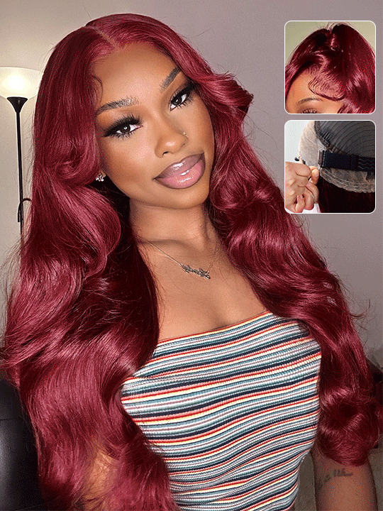 Kisslove Burgundy 360 Lace Frontal Wig Invisi-Drawstring 3D Body Wave Human Hair Wigs