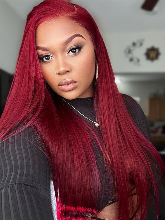 Kisslove Bleached Knots Burgundy Hair 360 Lace Frontal Wig Silky Straight Human Hair Wigs