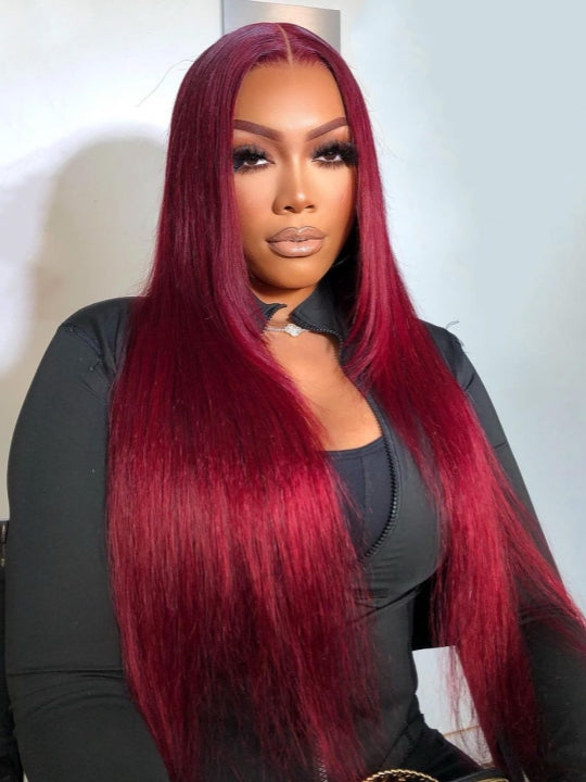 Kisslove Bleached Knots Burgundy Hair 360 Lace Frontal Wig Silky Straight Human Hair Wigs