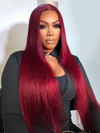 Kisslove Bleached Knots Burgundy Hair 360 Lace Frontal Wig Silky Straight Human Hair Wigs