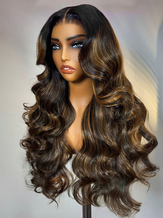 Upgraded 10x6 Parting Max Lace Closure Brown Bayalage Straight/Body Wave Glueless Human Hair Wig With Elastic Drawsting