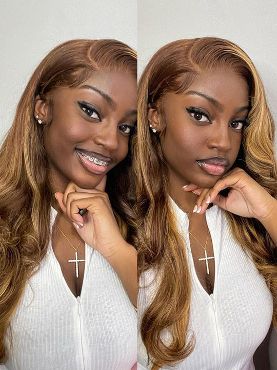 Pull & Go Quick Glueless 10x6 Parting Max Lace Closure Highlight Brown Straight/Body Wave Human Hair Wig With Elastic Drawsting
