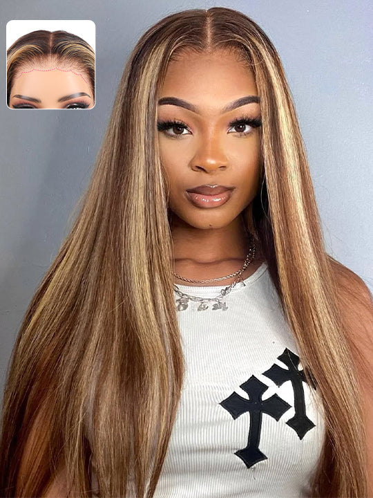 P4/27 Honey Blonde Highlight Straight Hair 13x4 13x6 Full Lace Frontal Human Hair Wigs