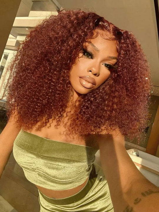 Kisslove #33 Reddish Brown Kinky Curly Hair Invisi Drawstring 360 Glueless Lace Wigs