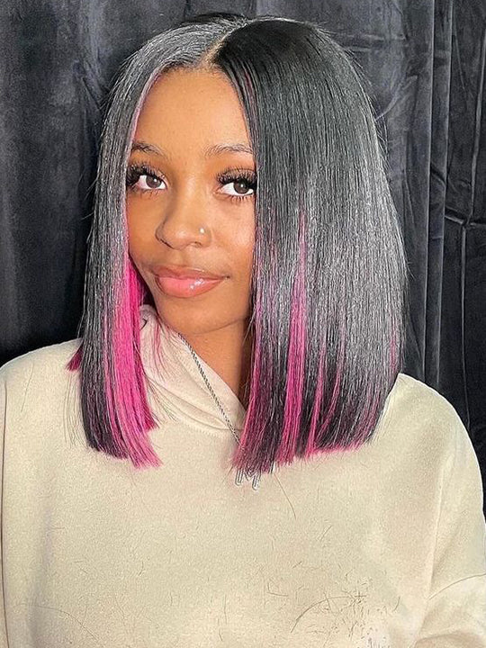 Peekboo Pink Highlight Wig Hidden Color Short Bob Silk 13x4 Transprant Lace Front Wig