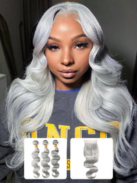 Silver Grey Bundles With 5x5 13x4 Lace Frontal Closure Body Wave Human Hair