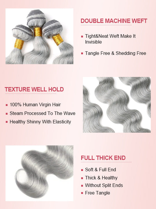 Silver Grey Bundles With 5x5 13x4 Lace Frontal Closure Body Wave Human Hair