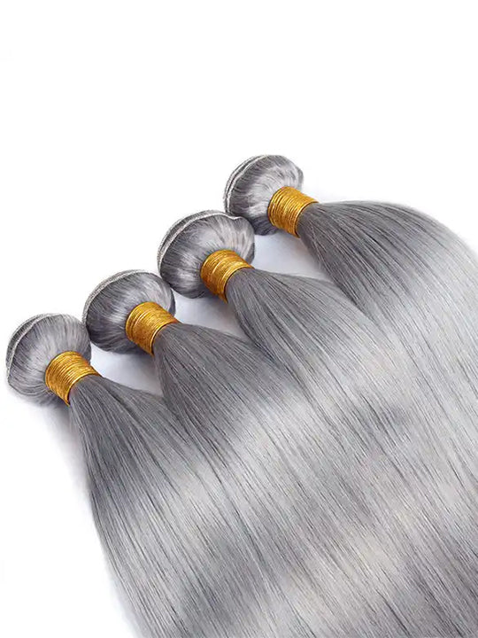 Silver Grey Bundles With 5x5 13x4 Lace Frontal Closure Straight Human Hair