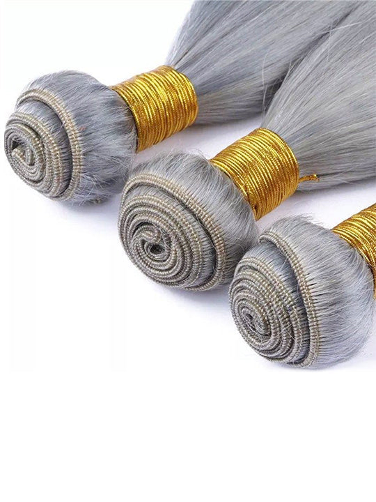 Silver Grey Bundles With 5x5 13x4 Lace Frontal Closure Straight Human Hair