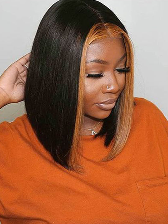 Skunk Stripe Highlight Bob Wig 13x4 Transparent Lace Front Human Hair Wigs Straight Hair