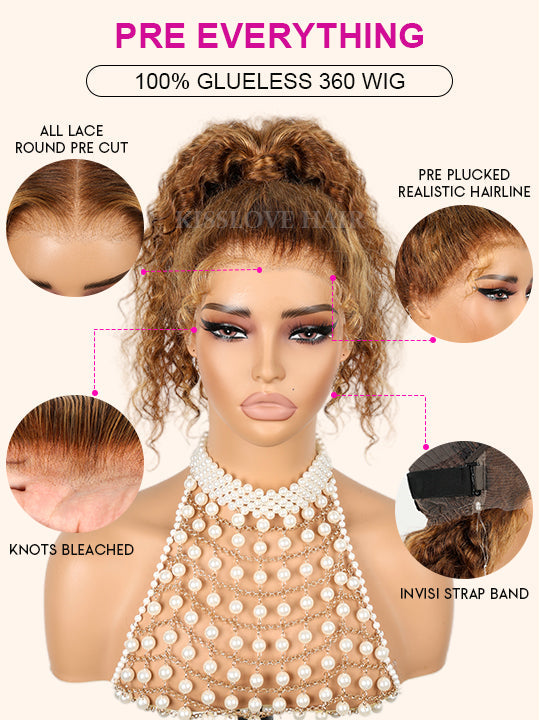 Kisslove Upgraded Invisi-Drawstring 360 Lace Wig Deep Wave Brown Highlights Human Hair Wigs