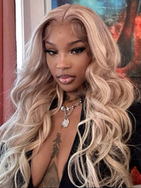 Light Flaxen Brown With Blonde Highlights 3D Body Wave 13x4 Lace Front Human Hair Wigs