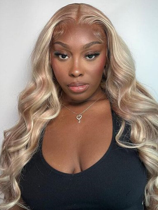 Light Flaxen Brown With Blonde Highlights 3D Body Wave 13x4 Lace Front Human Hair Wigs