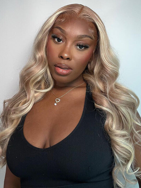 Light Flaxen Brown With Blonde Highlights 3D Body Wave 13x4 Lace Front Human Hair Wigs