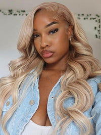 Light Flaxen Brown With Blonde Highlights 3D Body Wave 13x4 Lace Front Human Hair Wigs