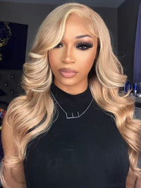 Light Flaxen Brown With Blonde Highlights 3D Body Wave 13x4 Lace Front Human Hair Wigs