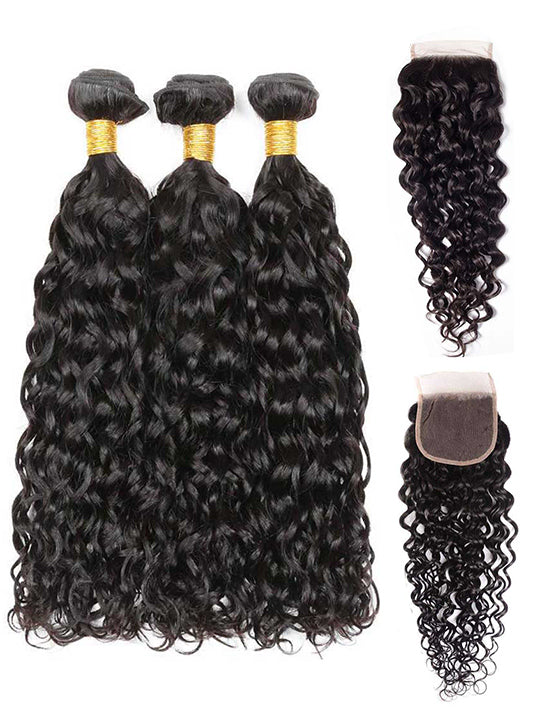 Water Wave 3 Bundles With 4*4 Lace Closure 10A Brazilian Human Hair Weave