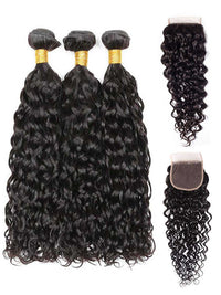 Water Wave 3 Bundles With 4*4 Lace Closure 10A Brazilian Human Hair Weave