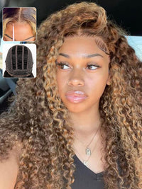 [Wear & Go] Air Wig Honey Blonde Highlight P4/27 Deep Curly Hair Glueless 13x4 Lace Frontal Wigs