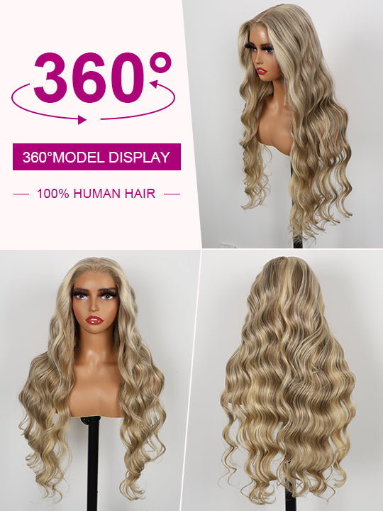 Barbie Blonde Wig With Brown Highlights Straight Hair & Body Wave 13x4 Lace Frontal Wigs