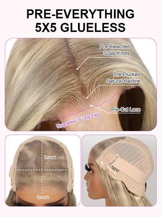 [Wear & Go] Pre-Everything Blonde Balayage Highlights 5x5 Lace Wig Straight Human Hair Wigs