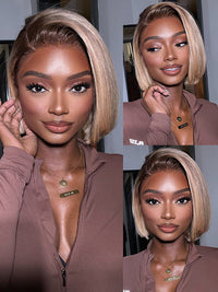 [Wear & Go] Ash Blonde with Dark Root Straight Bob Wig 13x4 Transparnt Lace Glueless Wig