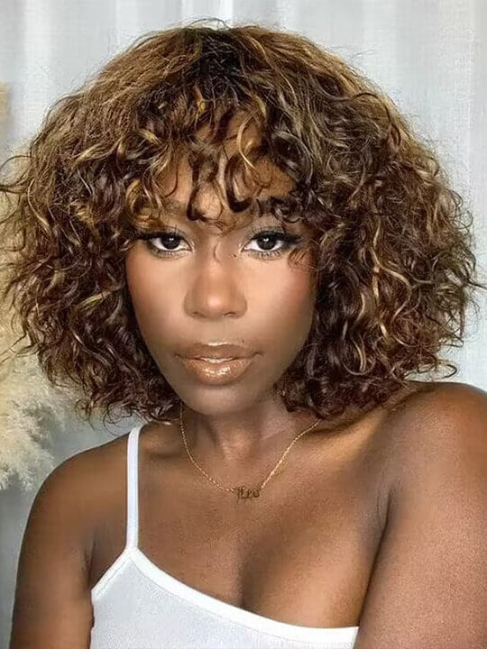 [Wear & Go] Highlight Bob Wig With Bangs Curly Glueless Wig 100% Human Hair
