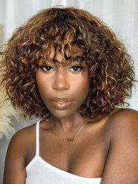 [Wear & Go] Highlight Bob Wig With Bangs Curly Glueless Wig 100% Human Hair