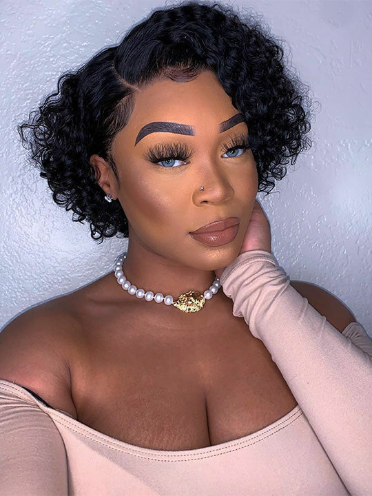 Pre Styled Pixie Curly Hair Glueless Side Part Lace Wig Bomb Hairstyle 100% Human Hair Wigs