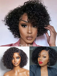 Pre Styled Pixie Curly Hair Glueless Side Part Lace Wig Bomb Hairstyle 100% Human Hair Wigs