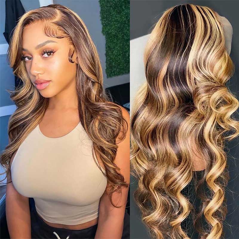 Honey Blonde Highlight 3D Body Wave 13x4 HD Lace Frontal Piano Color Human Hair Wigs