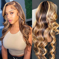 Honey Blonde Highlight 3D Body Wave 13x4 HD Lace Frontal Piano Color Human Hair Wigs