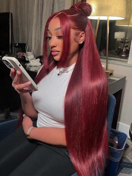 [Flash Deal] Burgundy Color Straight Hair 13x6 Lace Front Wig Pre Plucked Colored Human Hair Wigs