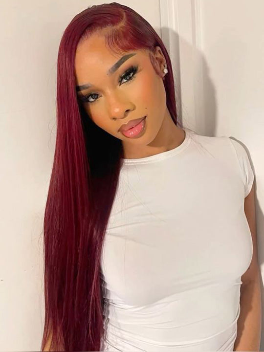 [Flash Deal] Burgundy Color Straight Hair 13x6 Lace Front Wig Pre Plucked Colored Human Hair Wigs