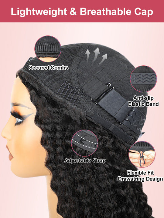 [3 In 1 Half Wig] Flip Over 4C Kinky Edge Glueless Water Wave Invisi Drawstring Ready To Go Wig