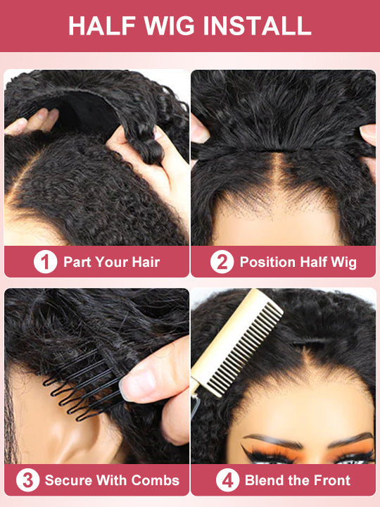 [3 In 1 Half Wig] Flip Over 4C Kinky Edge Glueless Water Wave Invisi Drawstring Ready To Go Wig