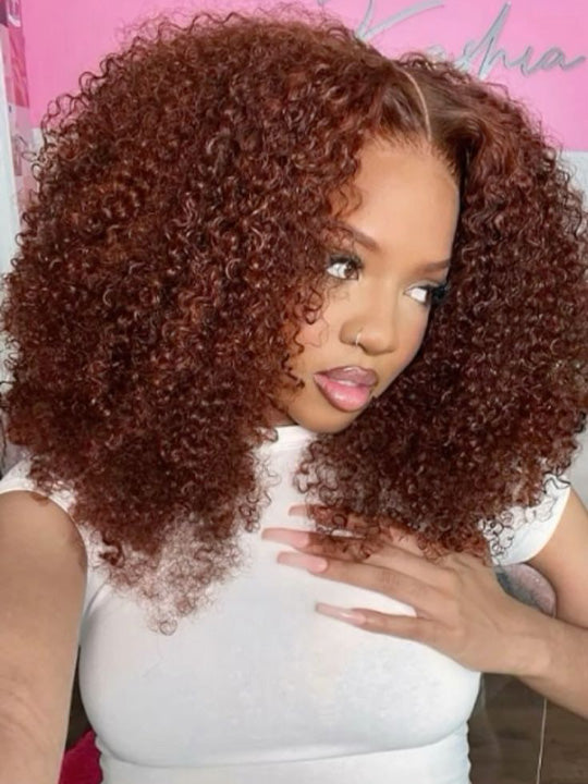 Kisslove #33 Reddish Brown Kinky Curly Hair Invisi Drawstring 360 Glueless Lace Wigs