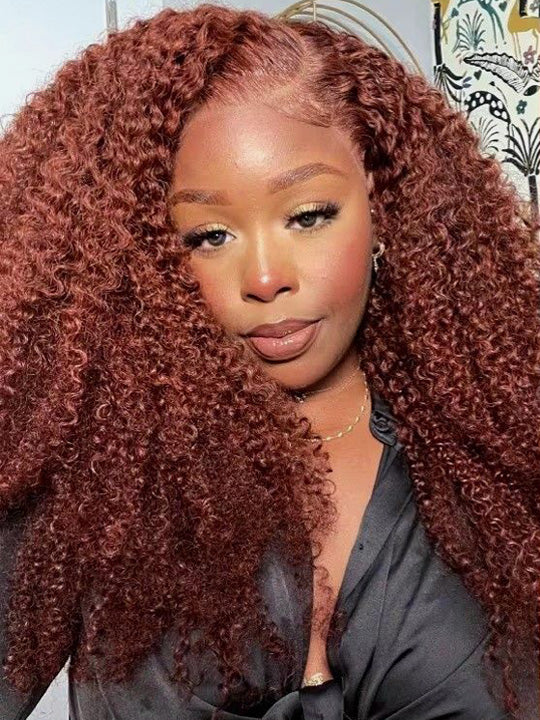 Kisslove #33 Reddish Brown Kinky Curly Hair Invisi Drawstring 360 Glueless Lace Wigs