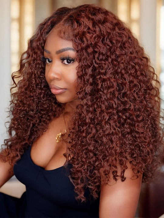 Kisslove #33 Reddish Brown Kinky Curly Hair Invisi Drawstring 360 Glueless Lace Wigs