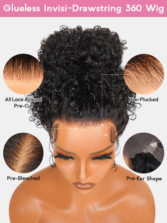 Kisslove Hair Black Cherry Water Wave Invisi Drawstring Lace Frontal Wig Glueless Dark Plum Color Wig