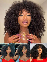 Glueless 250% Density Brown Highlights Kinky Curly 3x1 Middle Part Bob Wig with Bangs Pull & Go Wig