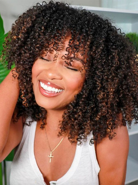 Bouncy Natural Wave Wig with Bangs Glueless 3x1 Lace Pull & Go Drawstring Wig