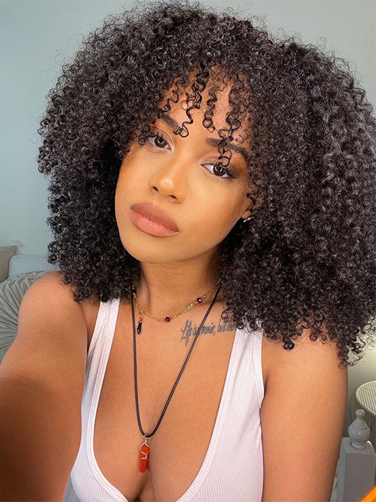Glueless 250% Density Brown Highlights Kinky Curly 3x1 Middle Part Bob Wig with Bangs Pull & Go Wig