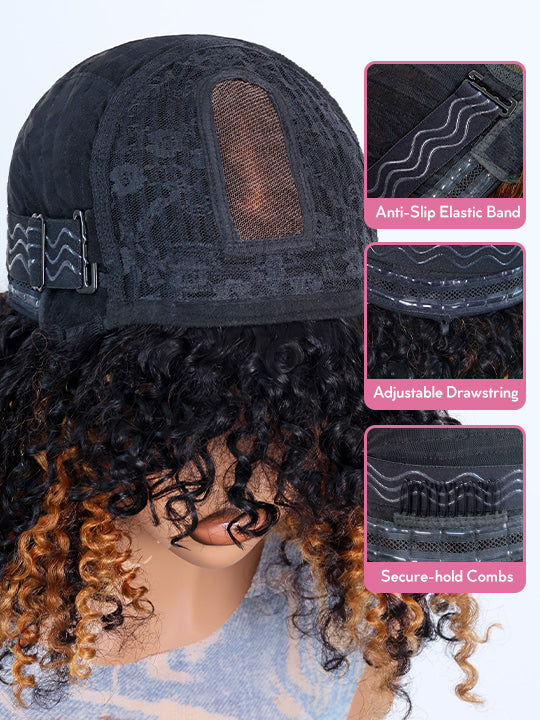 Glueless 250% Density Brown Highlights Kinky Curly 3x1 Middle Part Bob Wig with Bangs Pull & Go Wig
