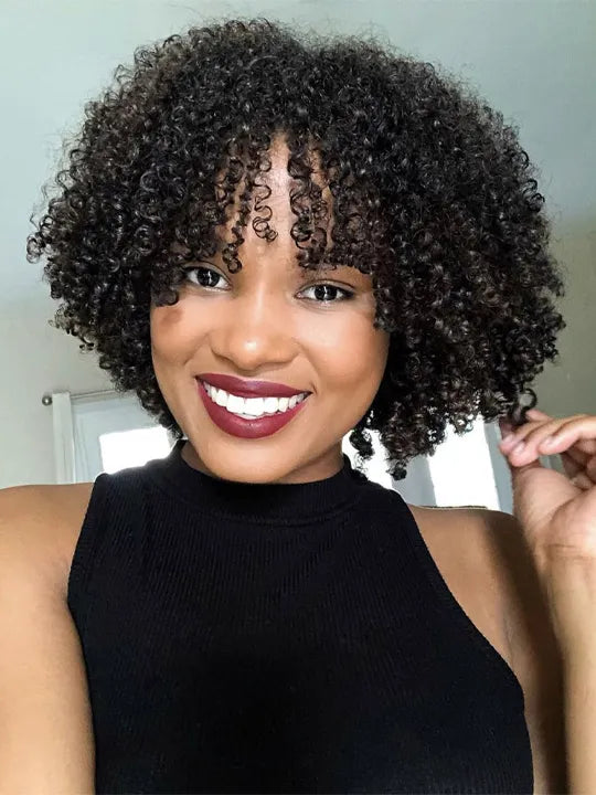 Bouncy Natural Wave Wig with Bangs Glueless 3x1 Lace Pull & Go Drawstring Wig