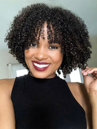 Bouncy Natural Wave Wig with Bangs Glueless 3x1 Lace Pull & Go Drawstring Wig