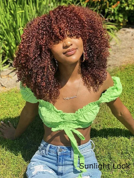 Bouncy Natural Wave Wig with Bangs Glueless 3x1 Lace Pull & Go Drawstring Wig