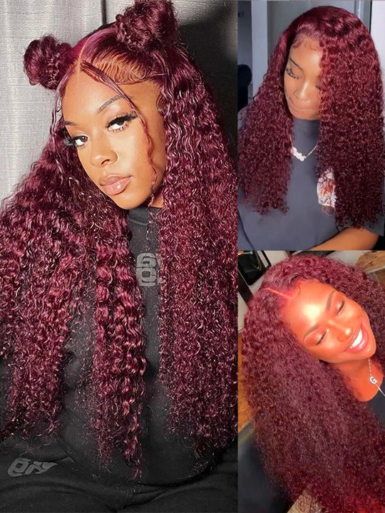 99J Dark Red Hair Jerry Curly Burgundy Wig 13x4 13x6 360 Transparent Lace Human Hair Wigs