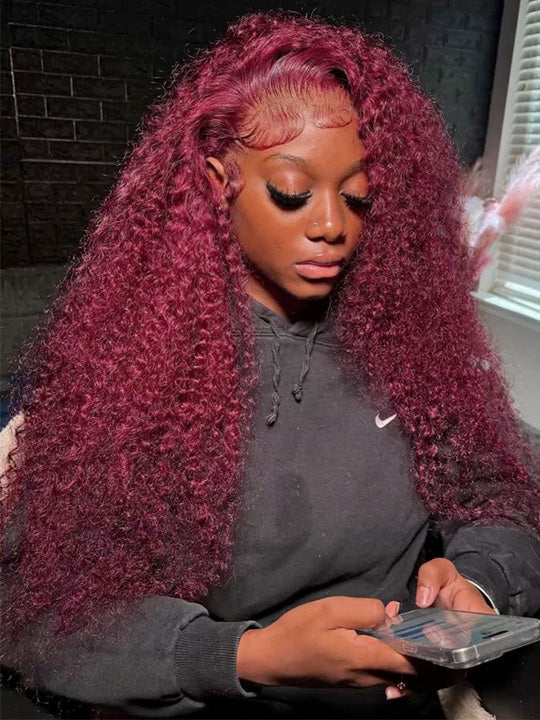 99J Dark Red Hair Jerry Curly Burgundy Wig 13x4 13x6 360 Transparent Lace Human Hair Wigs